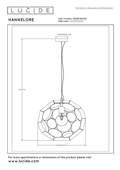 Lucide HANNELORE - Hanglamp - Ø 40 cm - 1xE27 - Mat Goud / Messing - technisch